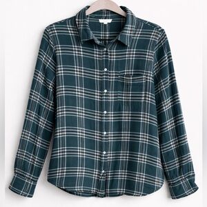 Caslon Women’s Plaid Button-Up Blouse 1X Teal & White Rayon-Lightweight